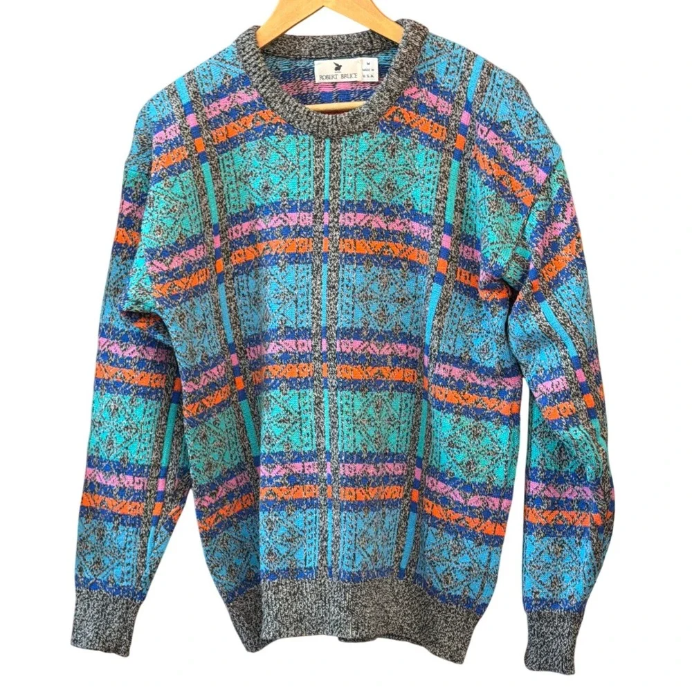 Vintage 80's 90's Robert Bruce Sweater Geometric Retro Colorful Grandpa Indie